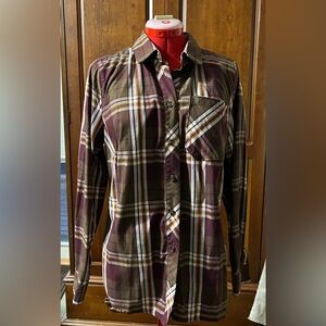 Duluth Trading Co Burgundy and Olive Plaid Button-Down Shirt